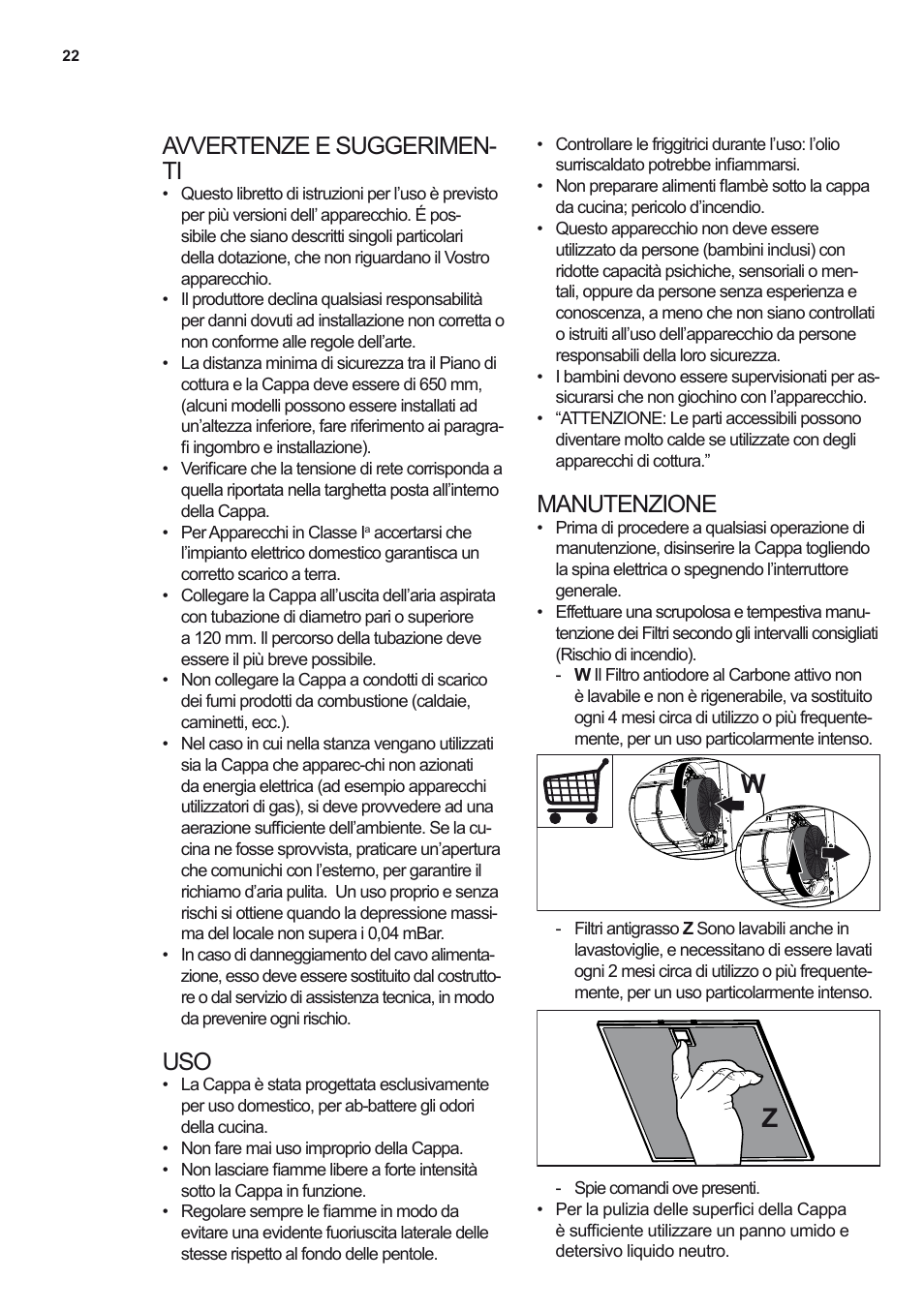 Avvertenze e suggerimen- ti, Manutenzione | Electrolux EFF80550DK User Manual | Page 22 / 56