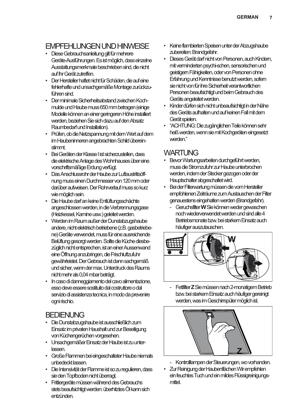 Empfehlungen und hinweise, Bedienung, Wartung | Electrolux EFF80550DK User Manual | Page 7 / 56