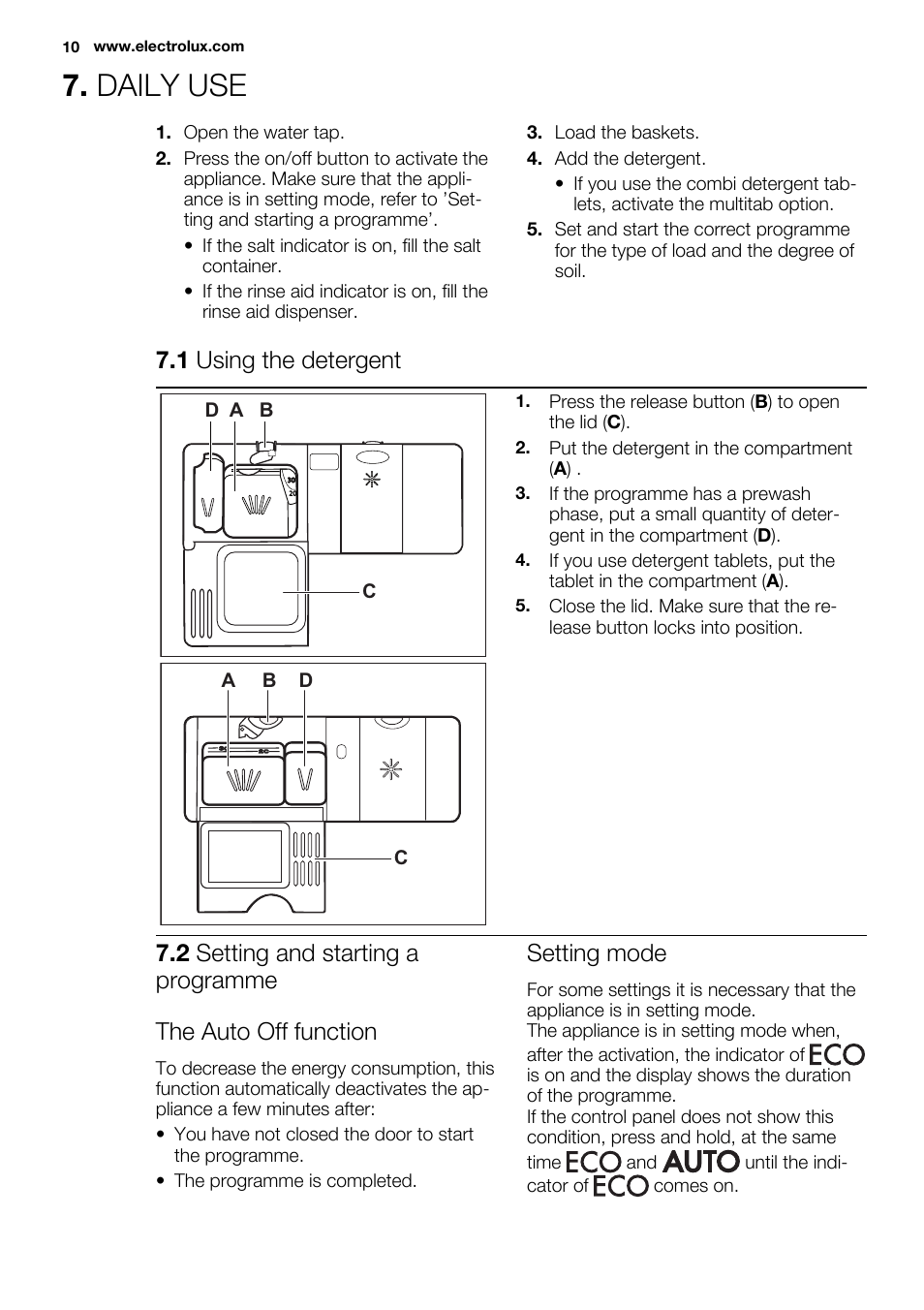 Daily use, 1 using the detergent, Setting mode | Electrolux ESL6361LO User Manual | Page 10 / 84