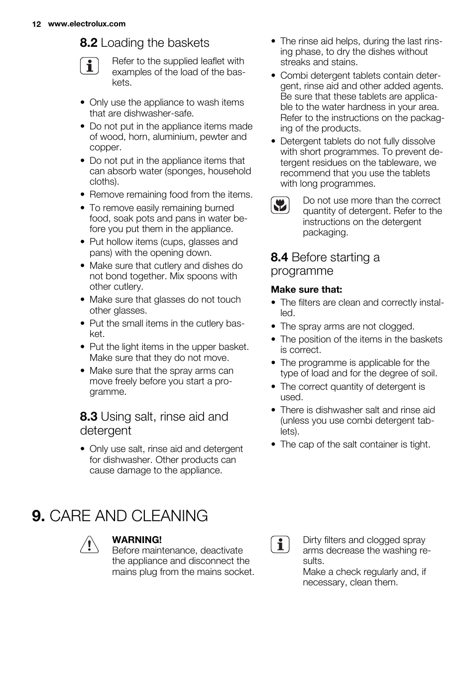 Care and cleaning, 2 loading the baskets, 3 using salt, rinse aid and detergent | 4 before starting a programme | Electrolux ESL6361LO User Manual | Page 12 / 84