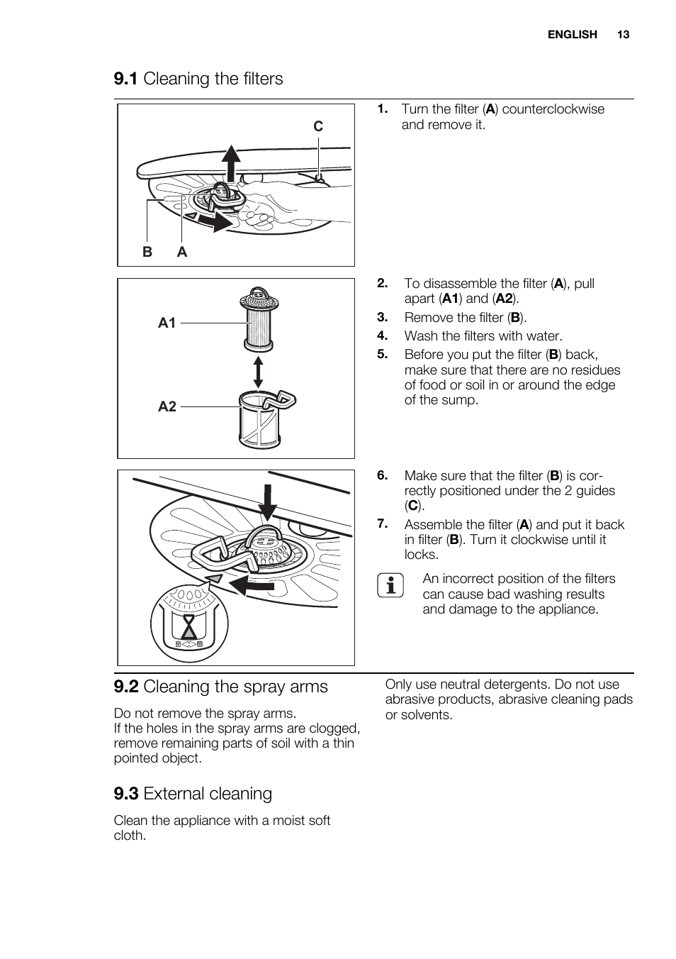 1 cleaning the filters, 2 cleaning the spray arms, 3 external cleaning | Electrolux ESL6361LO User Manual | Page 13 / 84