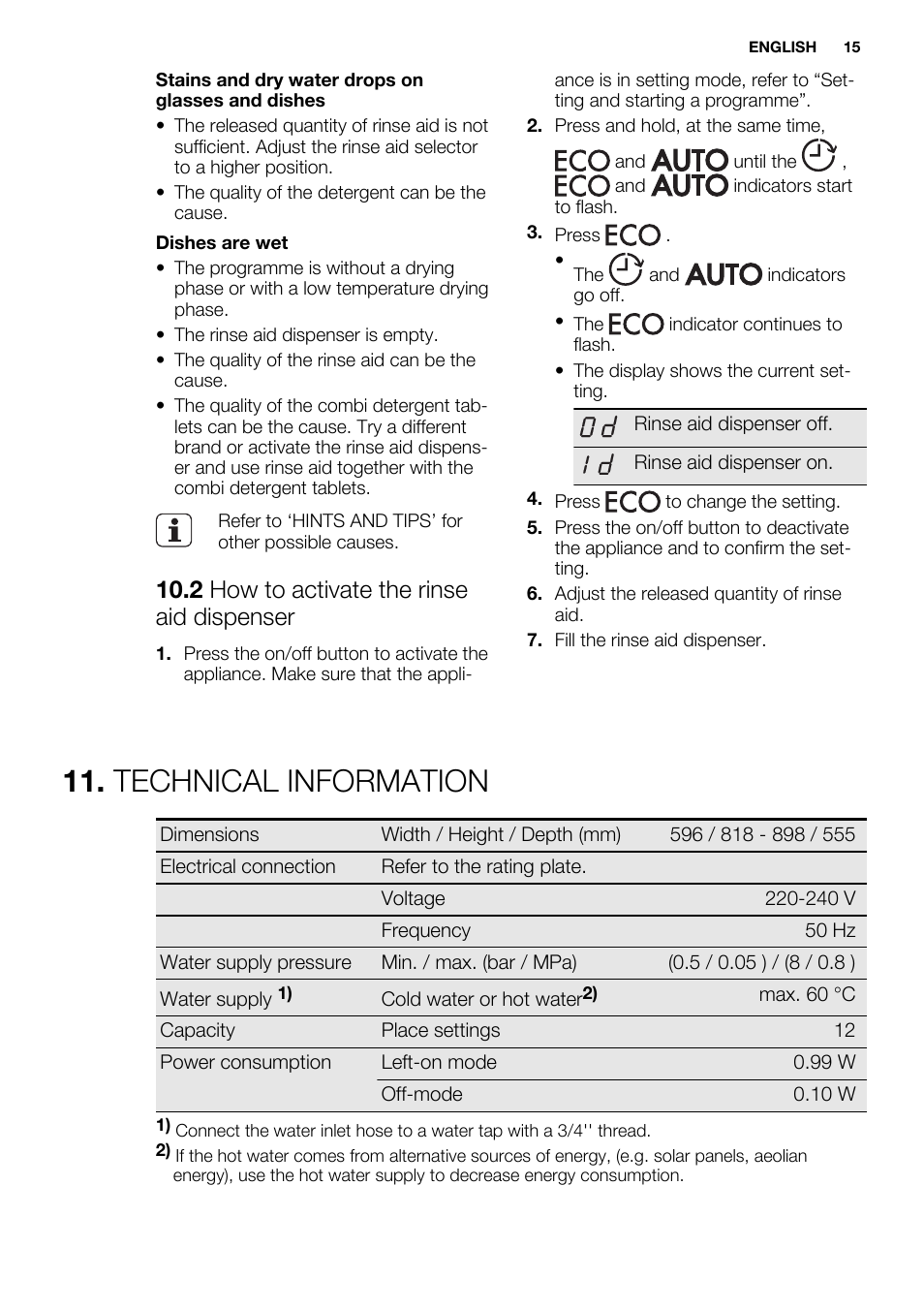 Technical information, 2 how to activate the rinse aid dispenser | Electrolux ESL6361LO User Manual | Page 15 / 84