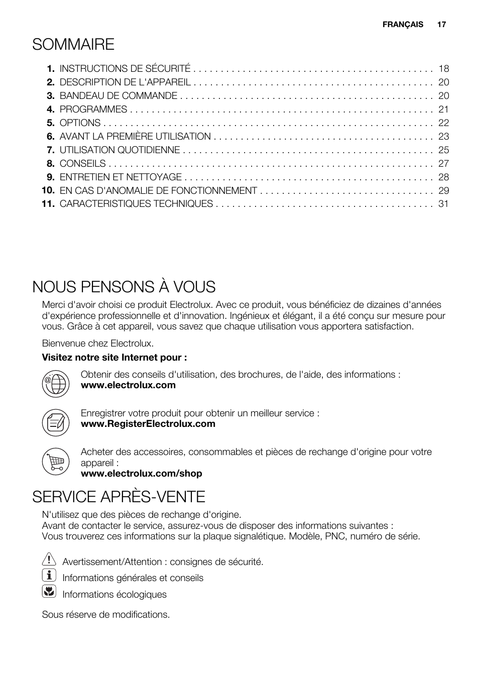 Sommaire, Nous pensons à vous, Service après-vente | Electrolux ESL6361LO User Manual | Page 17 / 84