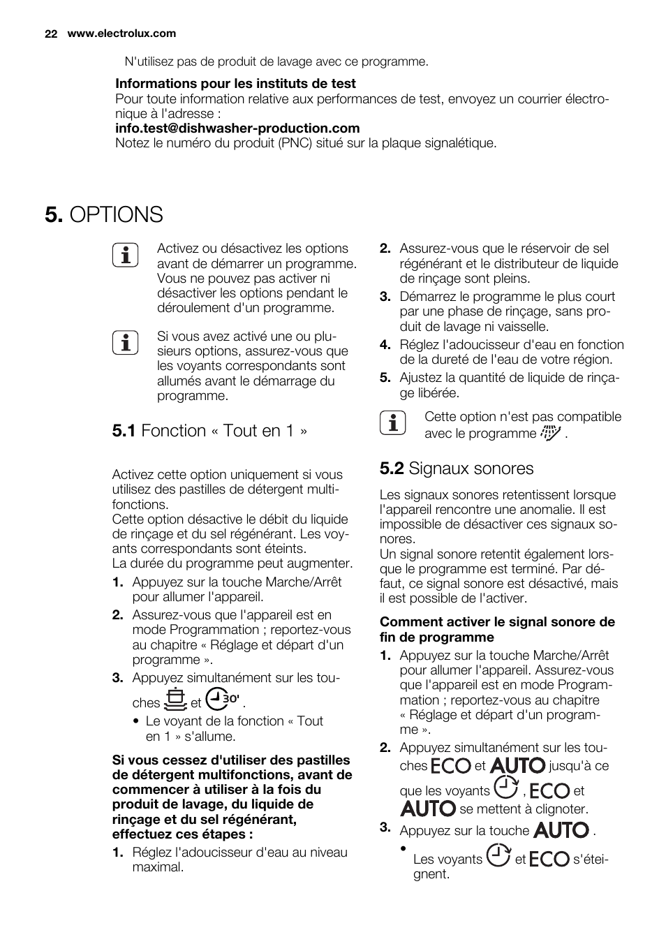 Options, 1 fonction « tout en 1, 2 signaux sonores | Electrolux ESL6361LO User Manual | Page 22 / 84