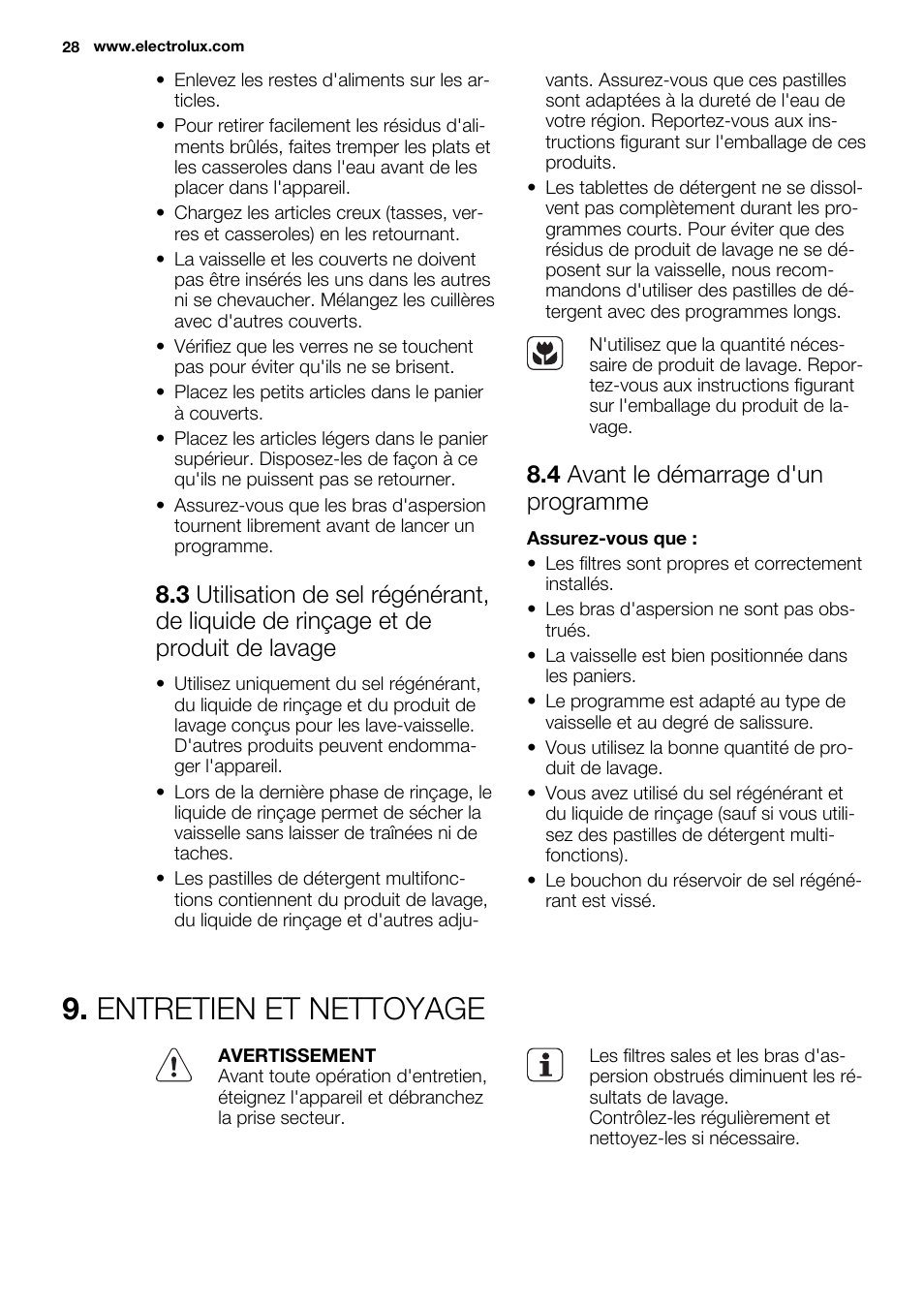 Entretien et nettoyage, 4 avant le démarrage d'un programme | Electrolux ESL6361LO User Manual | Page 28 / 84