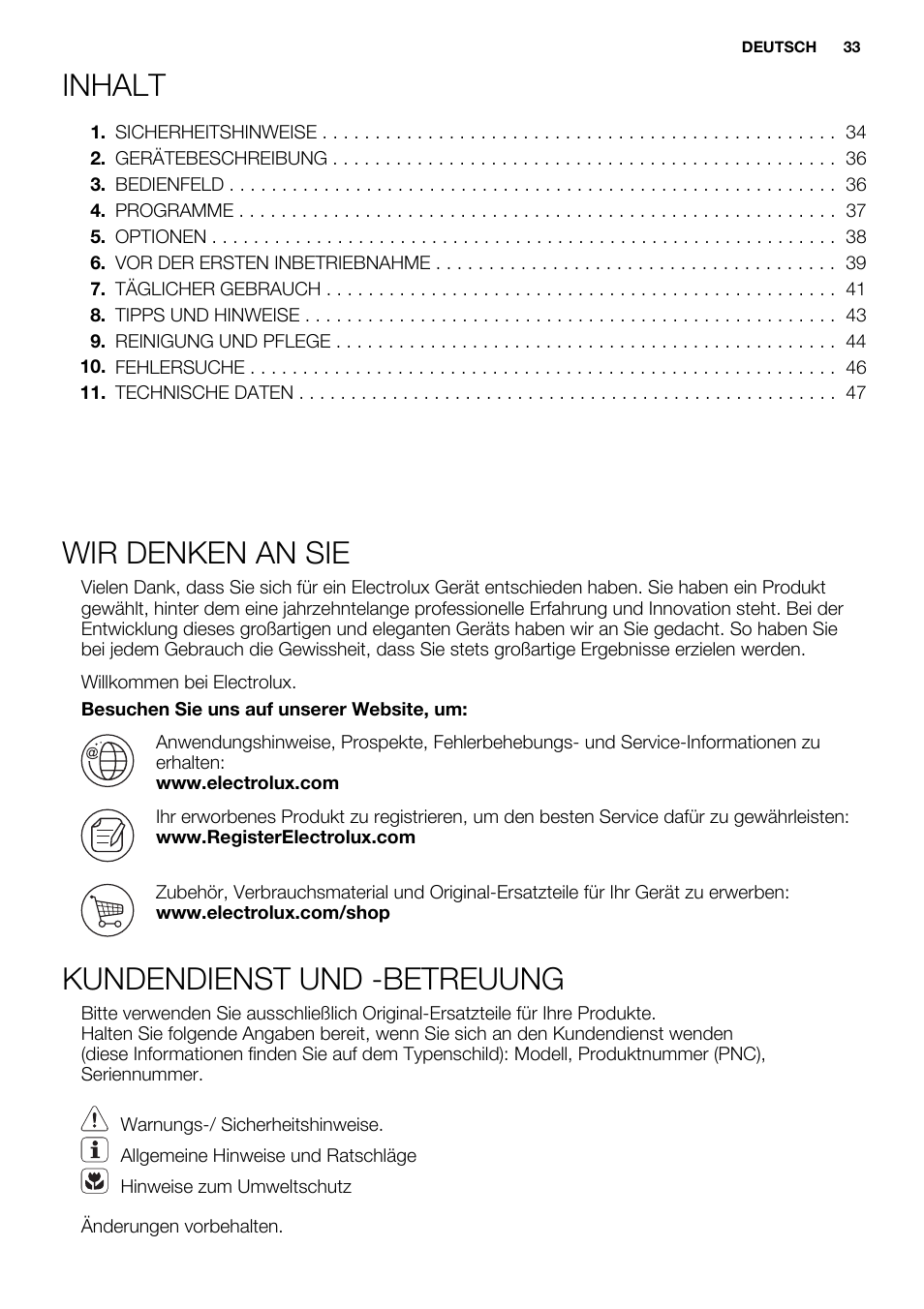 Inhalt, Wir denken an sie, Kundendienst und -betreuung | Electrolux ESL6361LO User Manual | Page 33 / 84