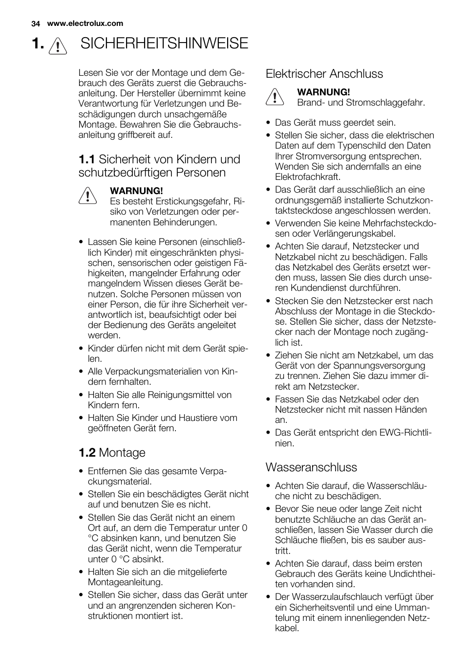 Sicherheitshinweise, 2 montage, Elektrischer anschluss | Wasseranschluss | Electrolux ESL6361LO User Manual | Page 34 / 84