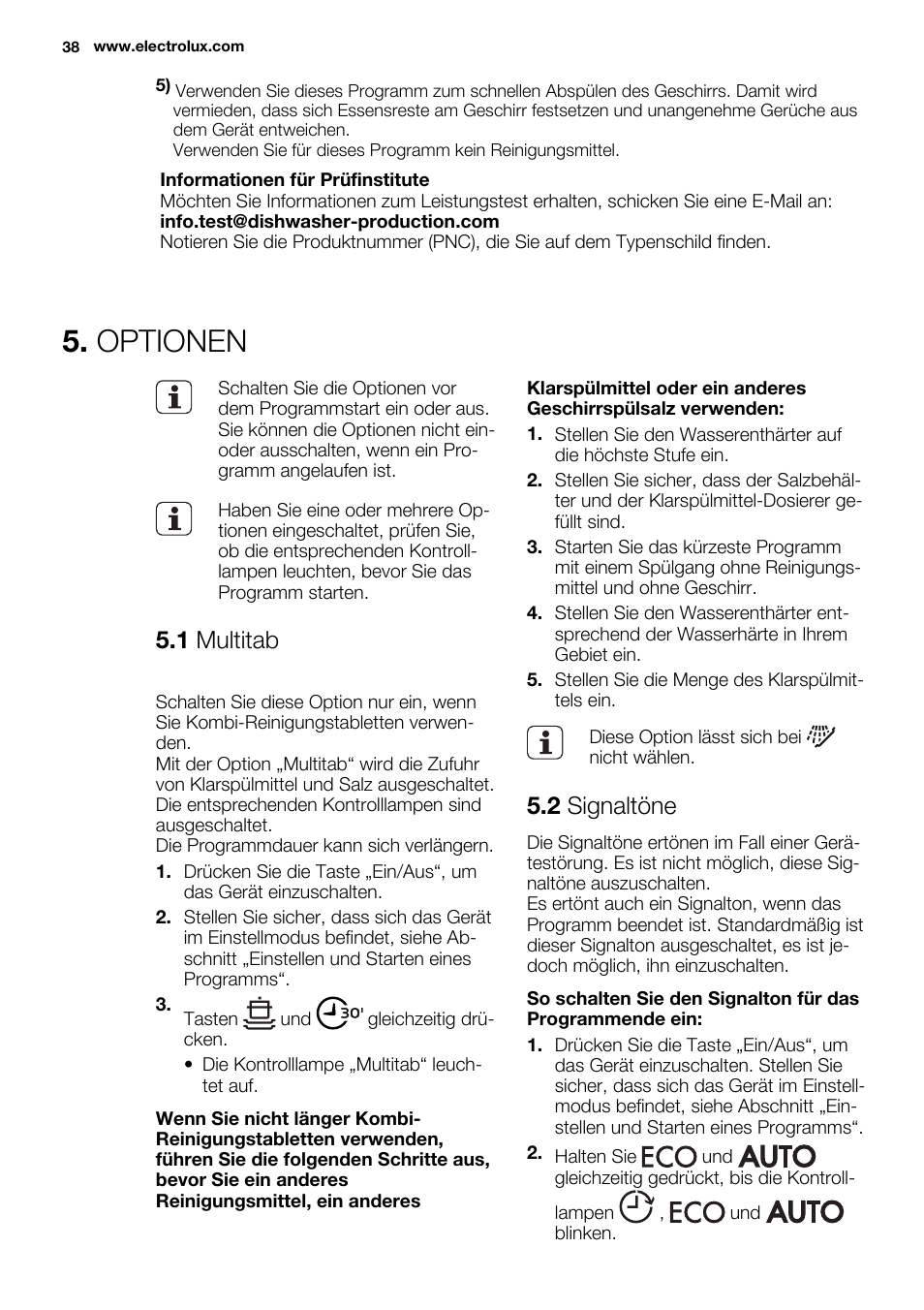 Optionen, 1 multitab, 2 signaltöne | Electrolux ESL6361LO User Manual | Page 38 / 84