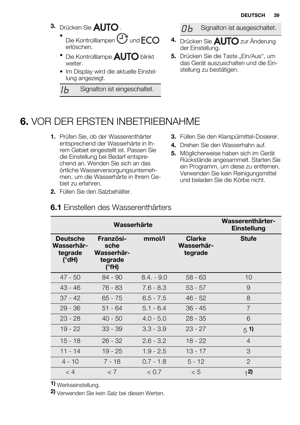 Vor der ersten inbetriebnahme, 1 einstellen des wasserenthärters | Electrolux ESL6361LO User Manual | Page 39 / 84