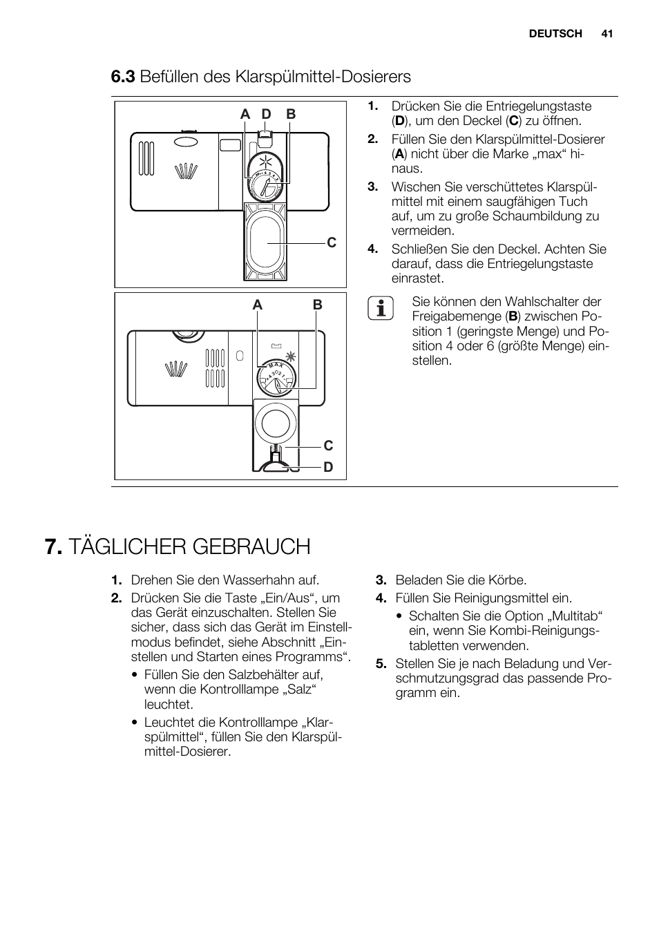 Täglicher gebrauch, 3 befüllen des klarspülmittel-dosierers | Electrolux ESL6361LO User Manual | Page 41 / 84