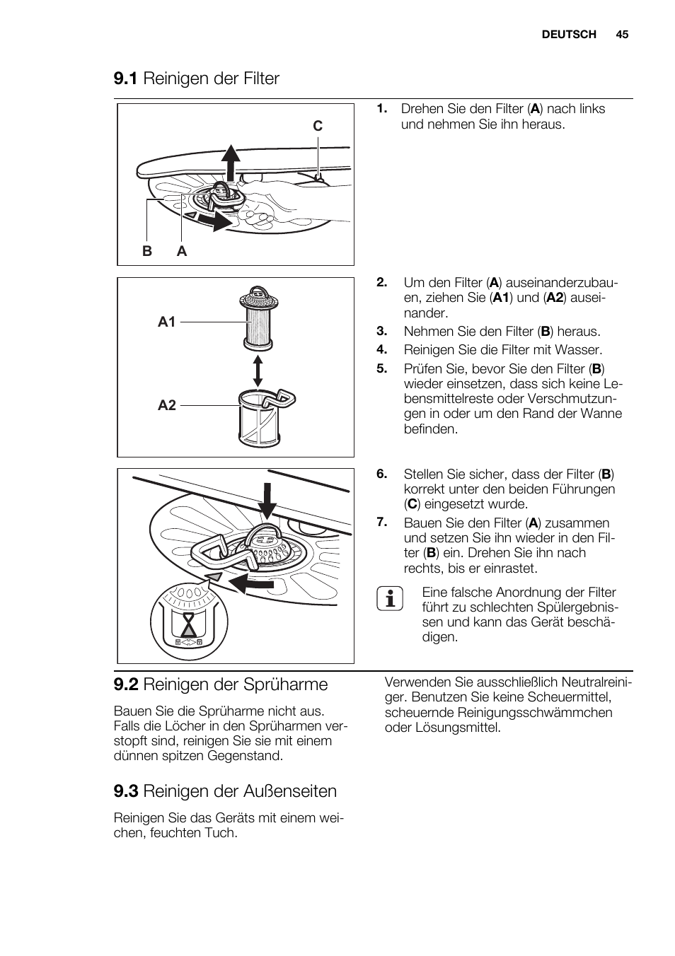 1 reinigen der filter, 2 reinigen der sprüharme, 3 reinigen der außenseiten | Electrolux ESL6361LO User Manual | Page 45 / 84