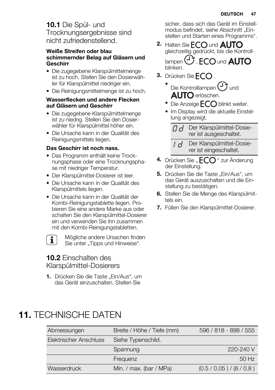 Technische daten, 2 einschalten des klarspülmittel-dosierers | Electrolux ESL6361LO User Manual | Page 47 / 84