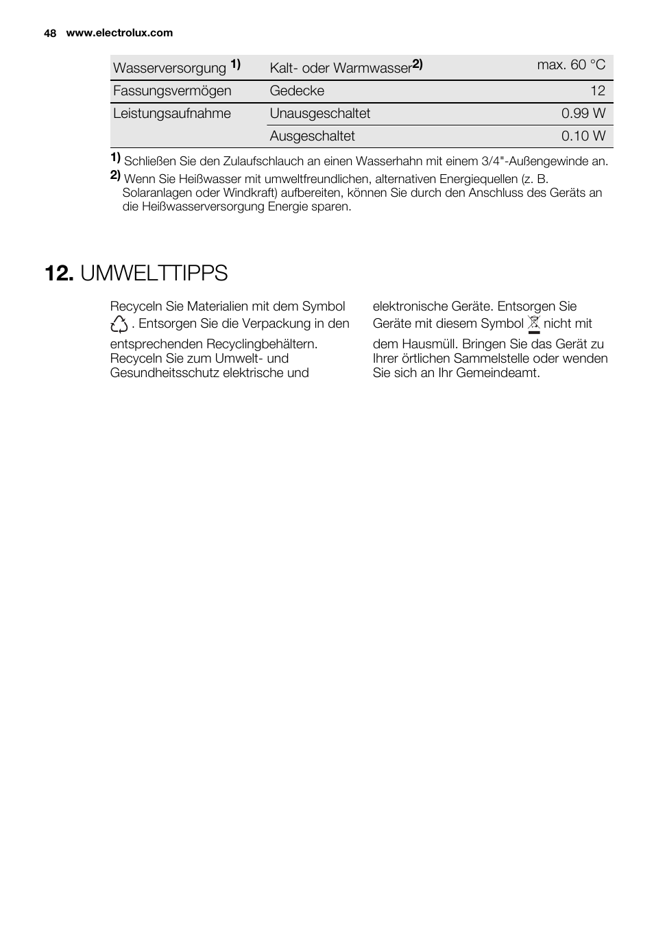 Umwelttipps | Electrolux ESL6361LO User Manual | Page 48 / 84