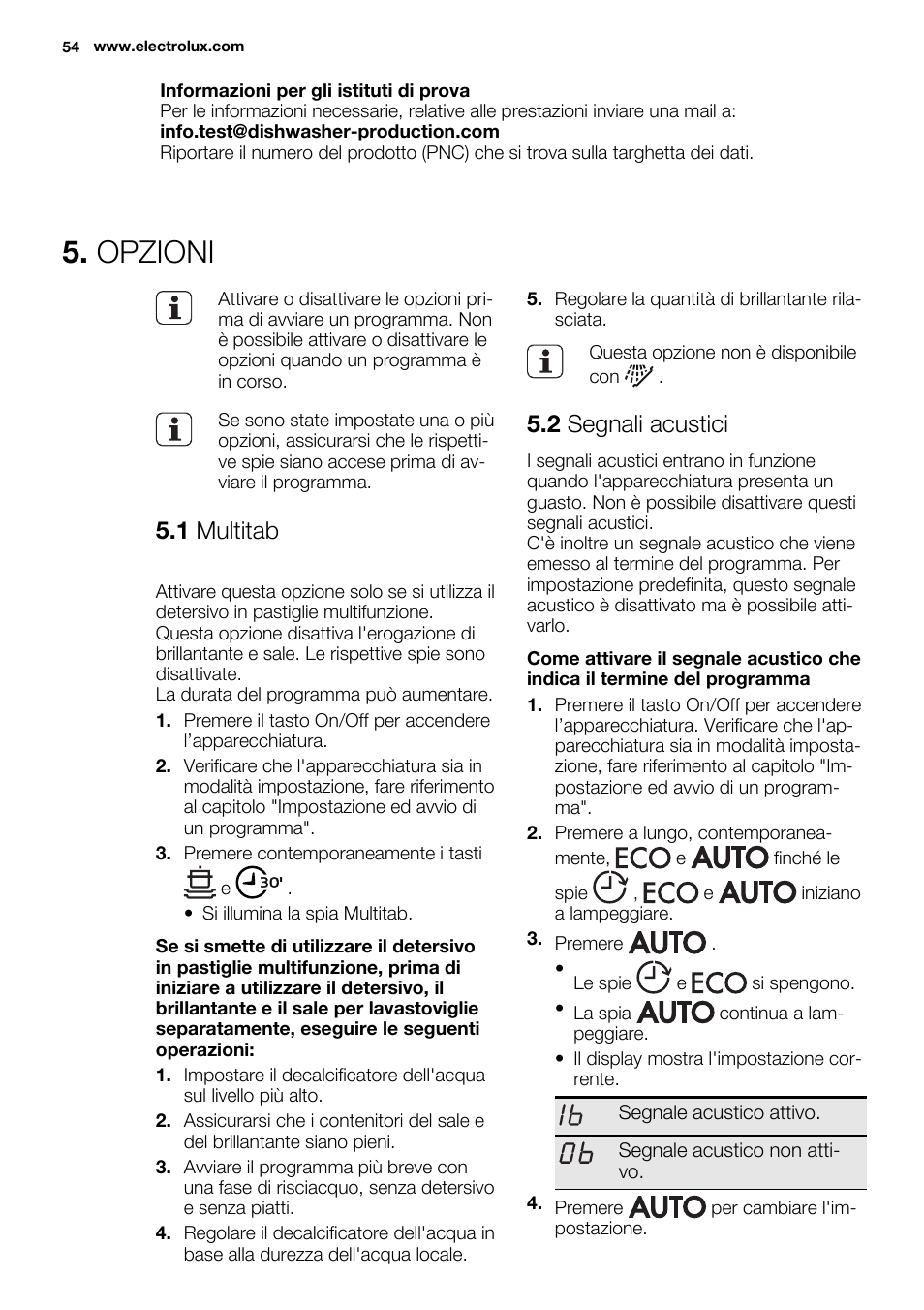 Opzioni, 1 multitab, 2 segnali acustici | Electrolux ESL6361LO User Manual | Page 54 / 84