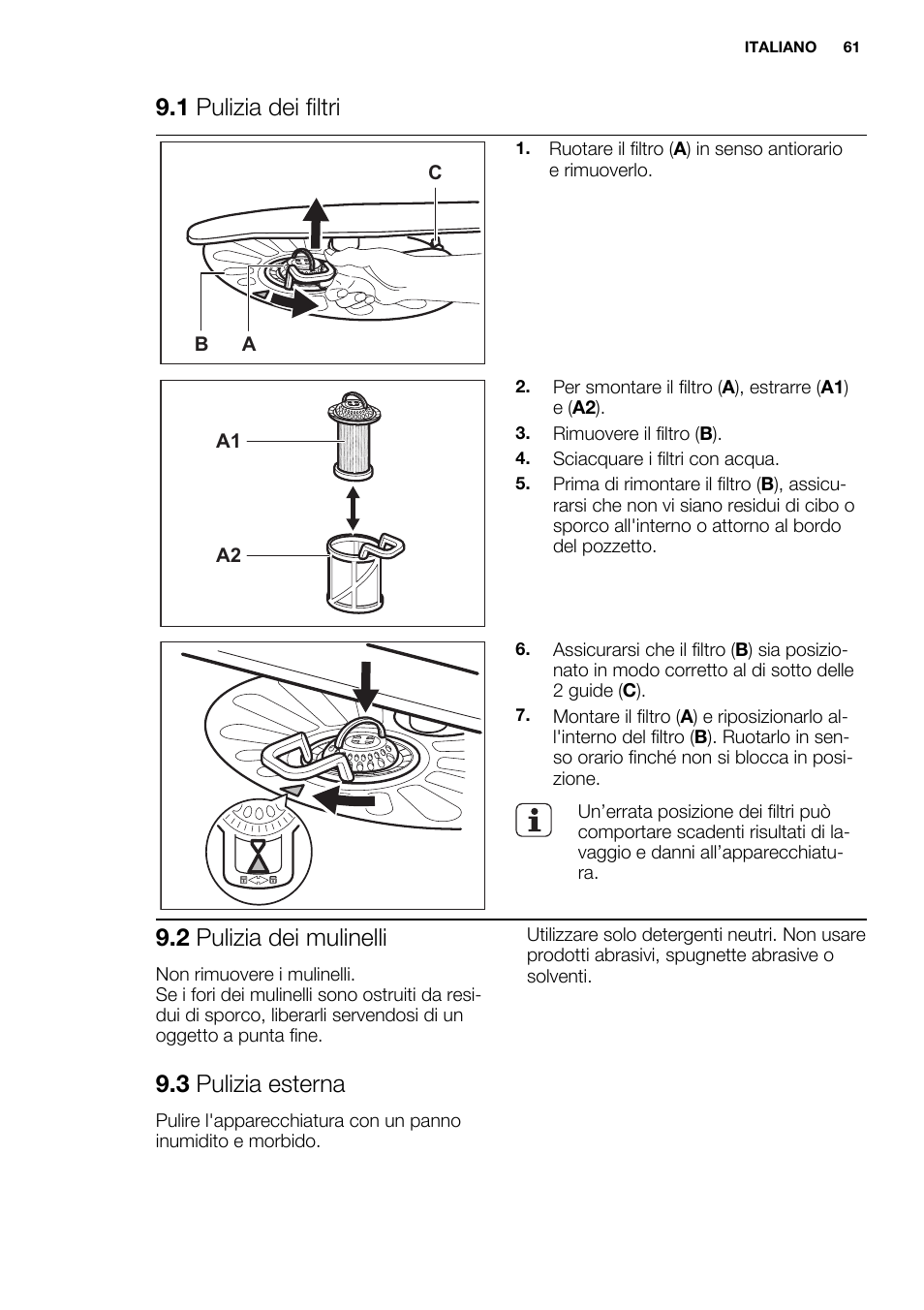 1 pulizia dei filtri, 2 pulizia dei mulinelli, 3 pulizia esterna | Electrolux ESL6361LO User Manual | Page 61 / 84