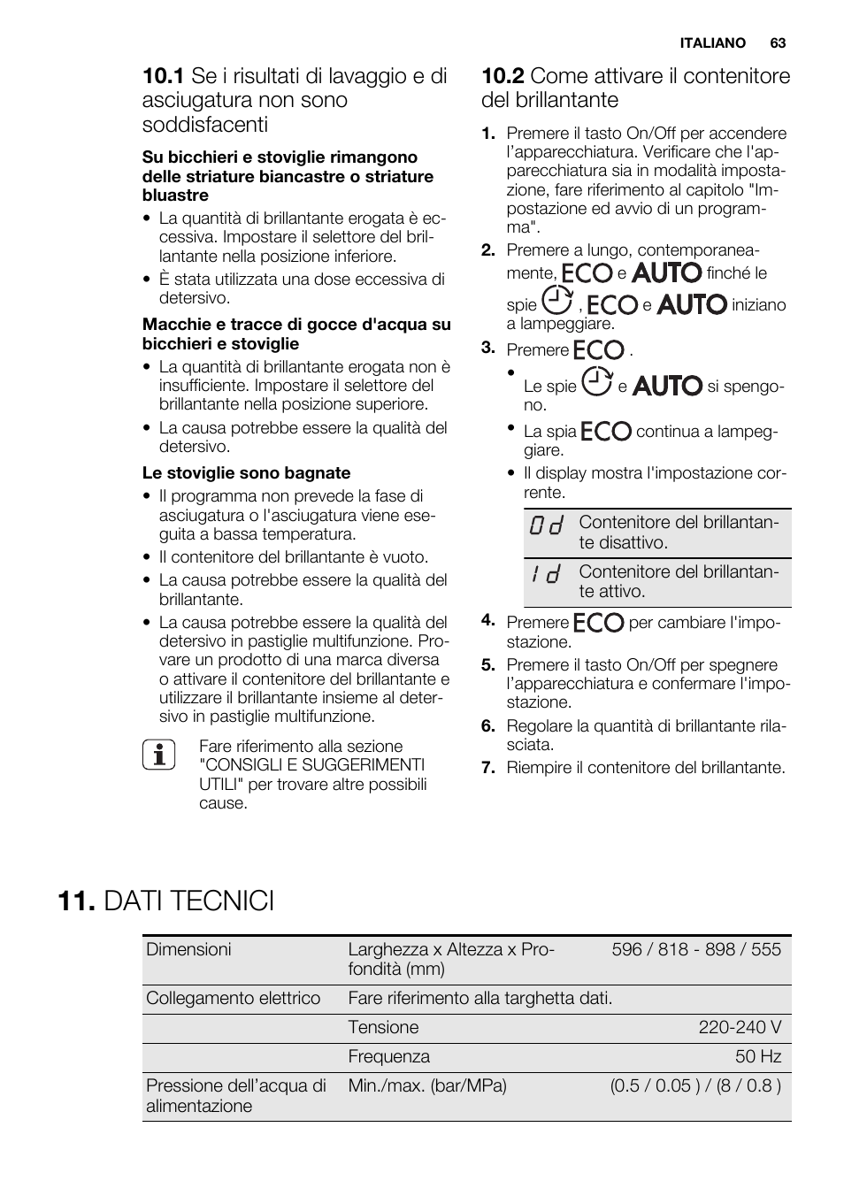 Dati tecnici, 2 come attivare il contenitore del brillantante | Electrolux ESL6361LO User Manual | Page 63 / 84