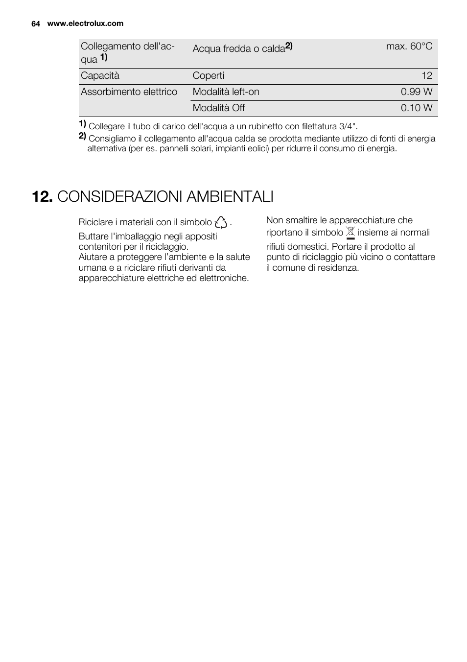 Considerazioni ambientali | Electrolux ESL6361LO User Manual | Page 64 / 84