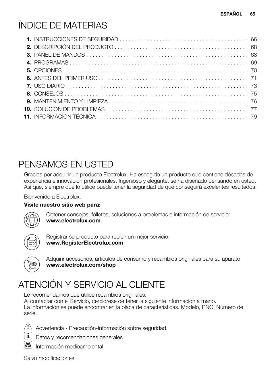 Índice de materias, Pensamos en usted, Atención y servicio al cliente | Electrolux ESL6361LO User Manual | Page 65 / 84