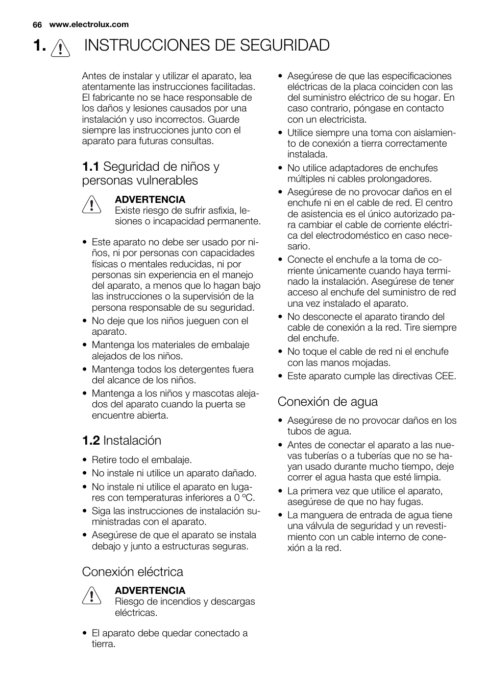 Instrucciones de seguridad, 1 seguridad de niños y personas vulnerables, 2 instalación | Conexión eléctrica, Conexión de agua | Electrolux ESL6361LO User Manual | Page 66 / 84