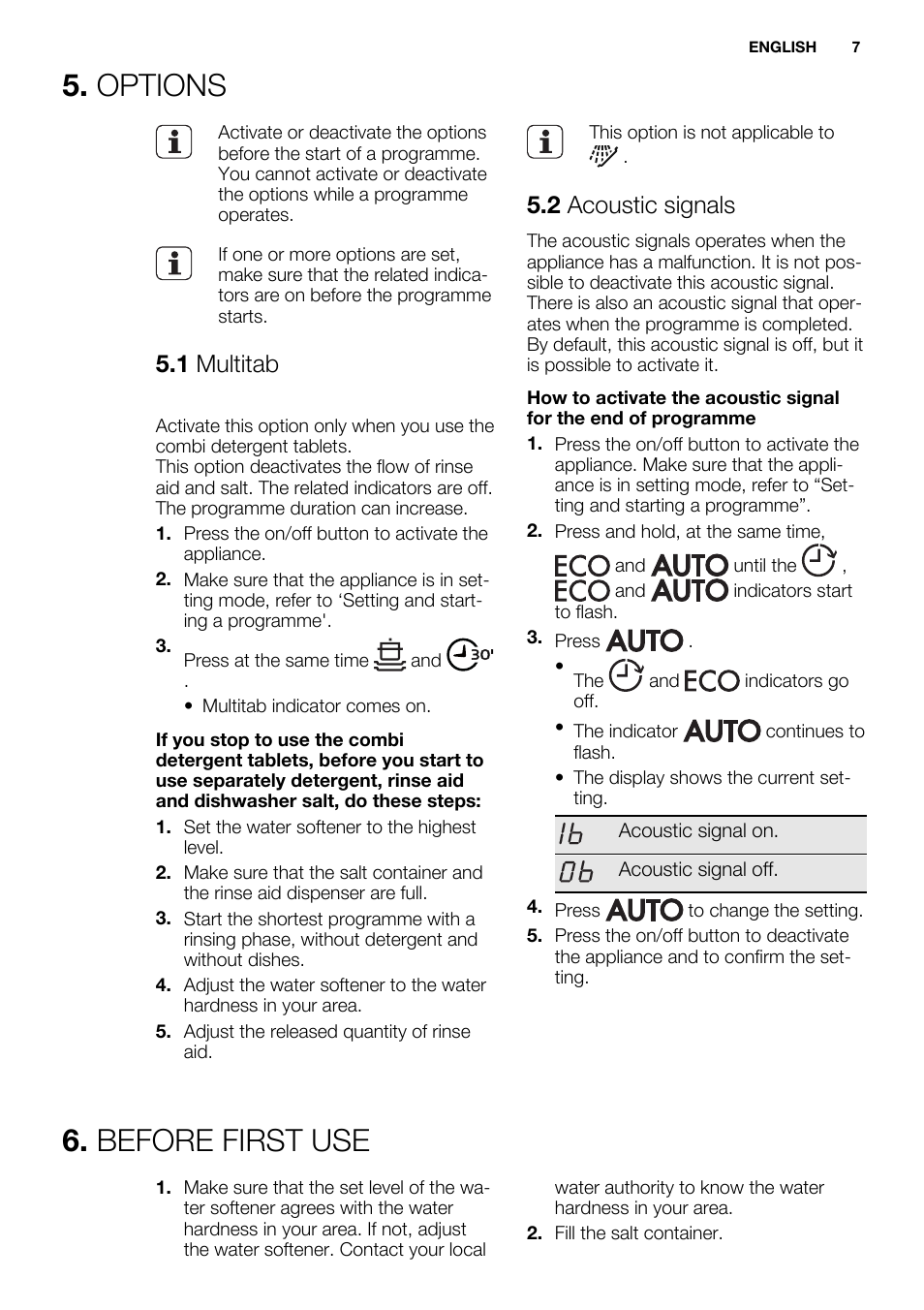 Options, Before first use, 1 multitab | 2 acoustic signals | Electrolux ESL6361LO User Manual | Page 7 / 84