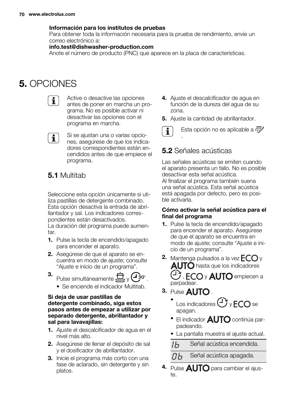 Opciones, 1 multitab, 2 señales acústicas | Electrolux ESL6361LO User Manual | Page 70 / 84