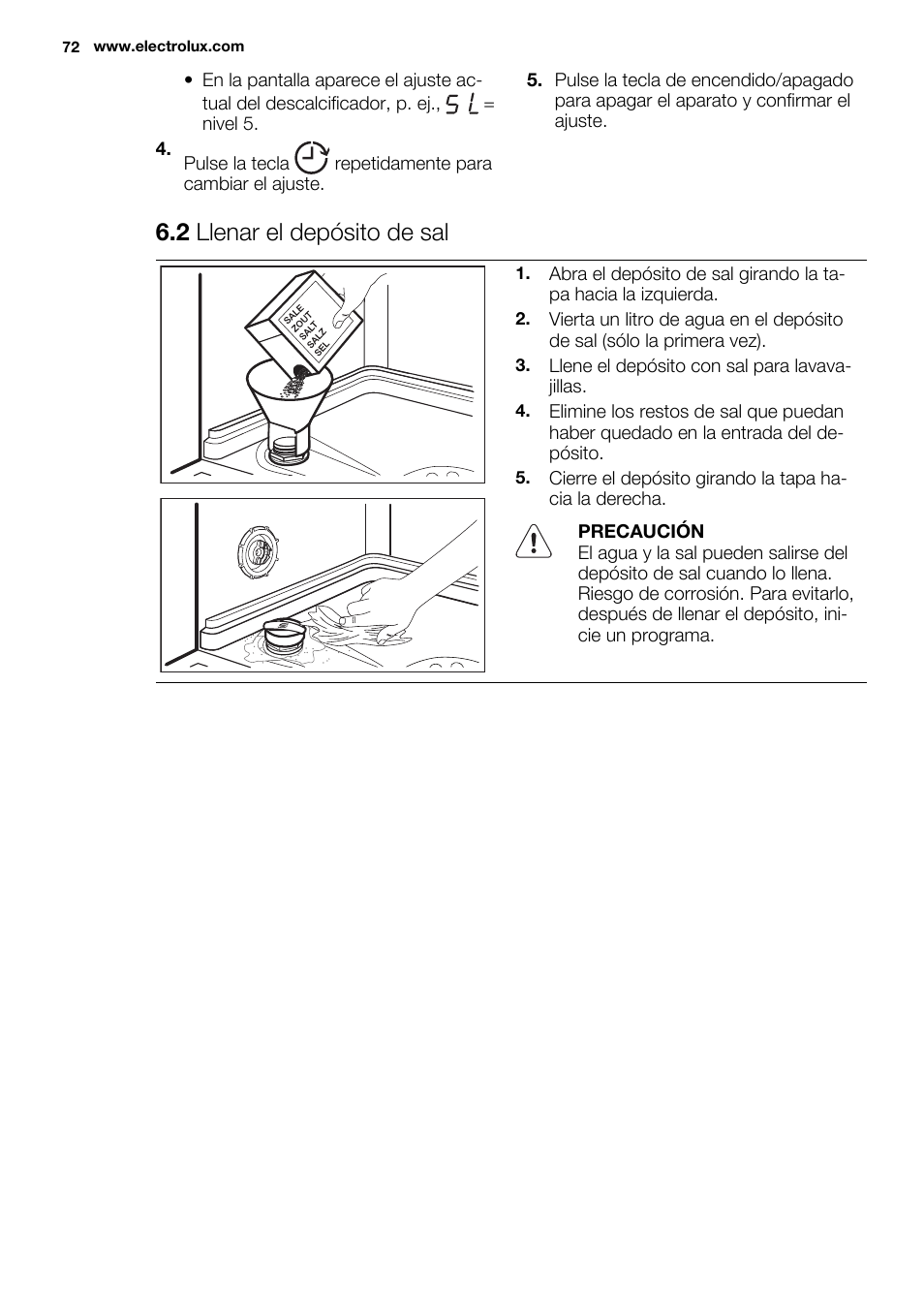 2 llenar el depósito de sal | Electrolux ESL6361LO User Manual | Page 72 / 84