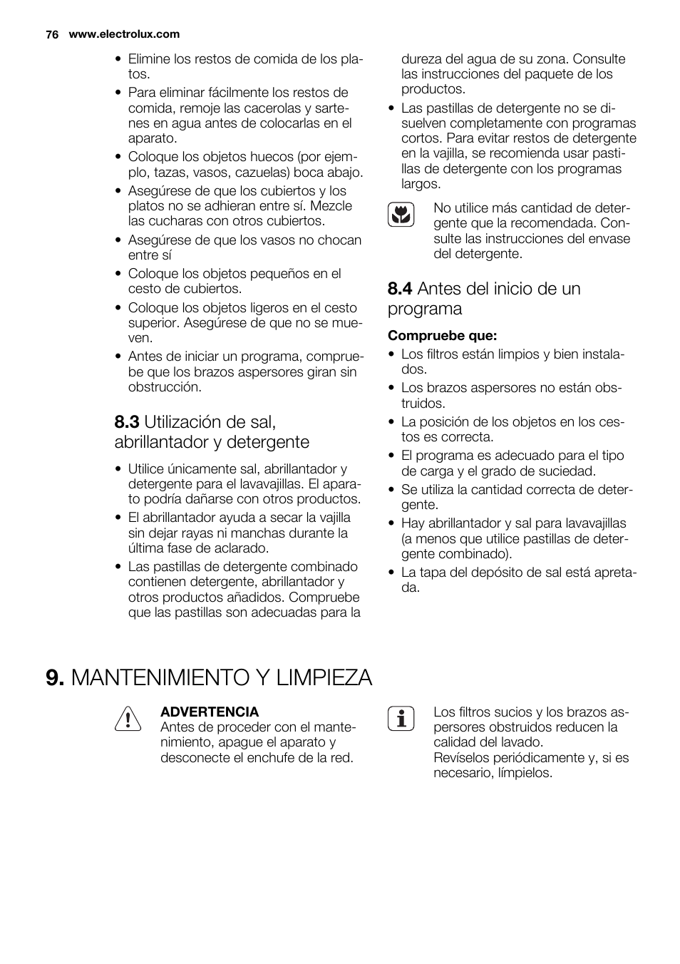 Mantenimiento y limpieza, 3 utilización de sal, abrillantador y detergente, 4 antes del inicio de un programa | Electrolux ESL6361LO User Manual | Page 76 / 84