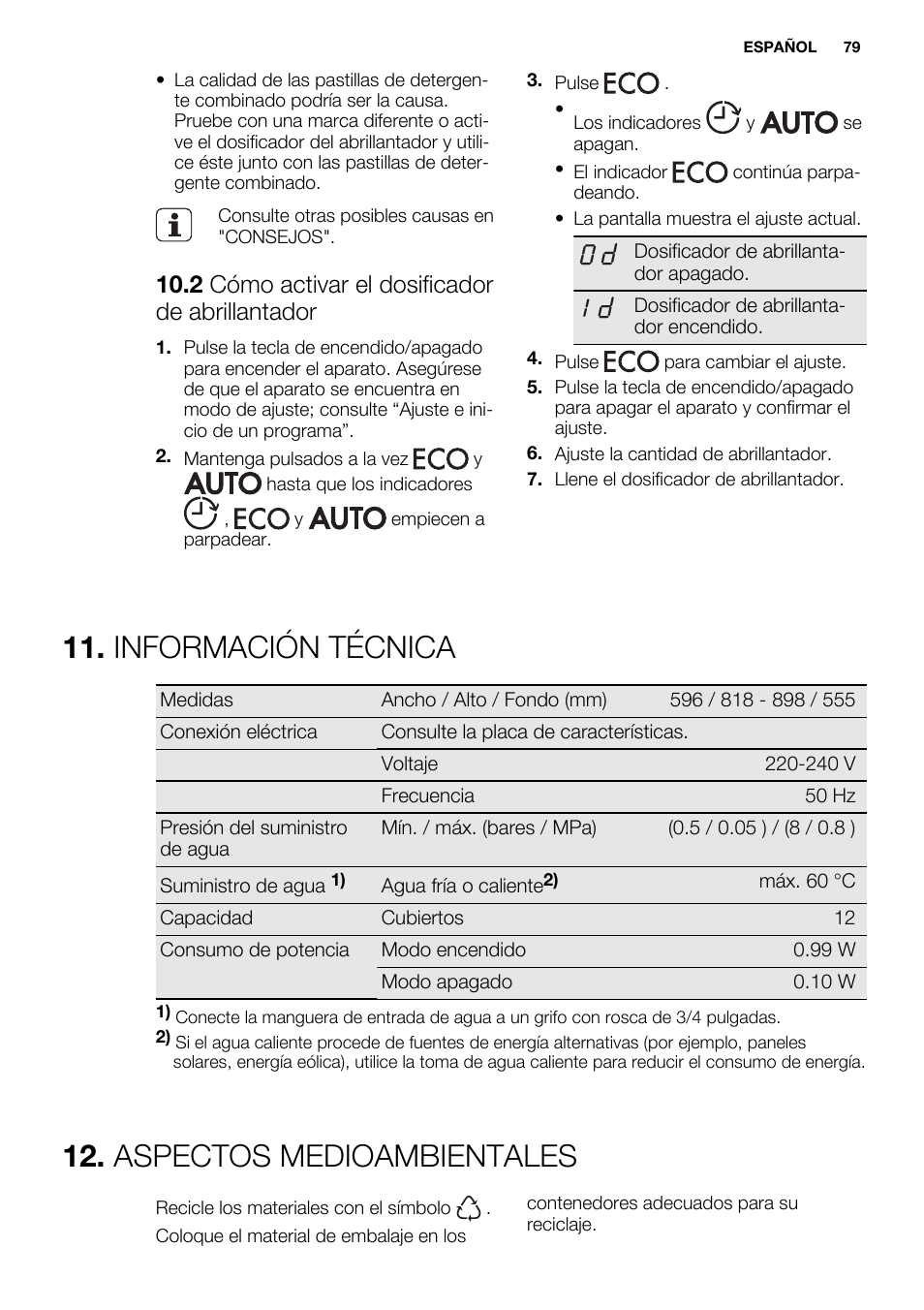 Información técnica, Aspectos medioambientales, 2 cómo activar el dosificador de abrillantador | Electrolux ESL6361LO User Manual | Page 79 / 84