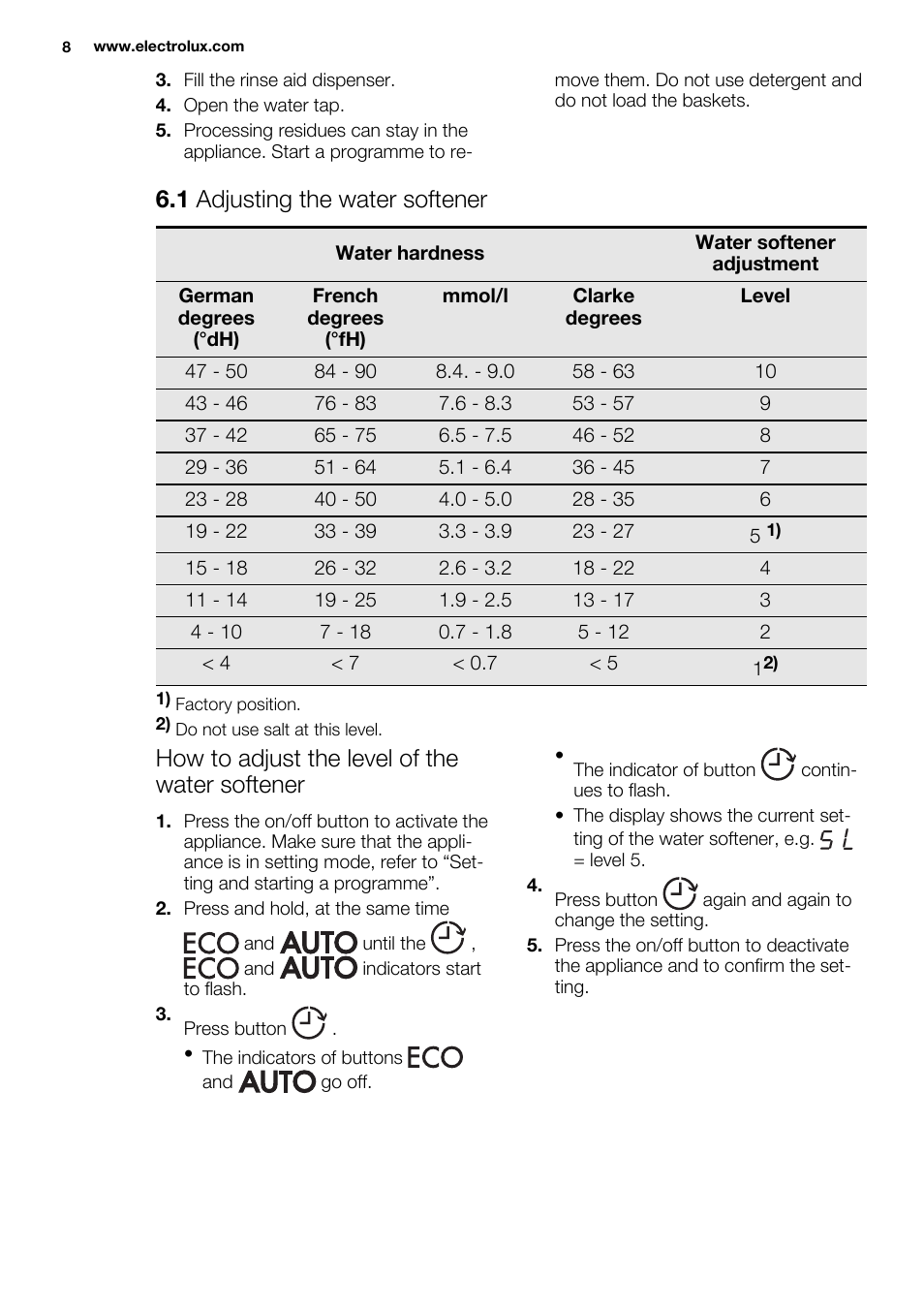 1 adjusting the water softener, How to adjust the level of the water softener | Electrolux ESL6361LO User Manual | Page 8 / 84