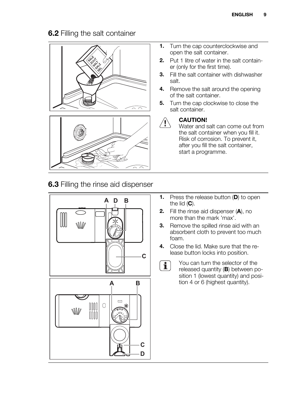 2 filling the salt container, 3 filling the rinse aid dispenser | Electrolux ESL6361LO User Manual | Page 9 / 84