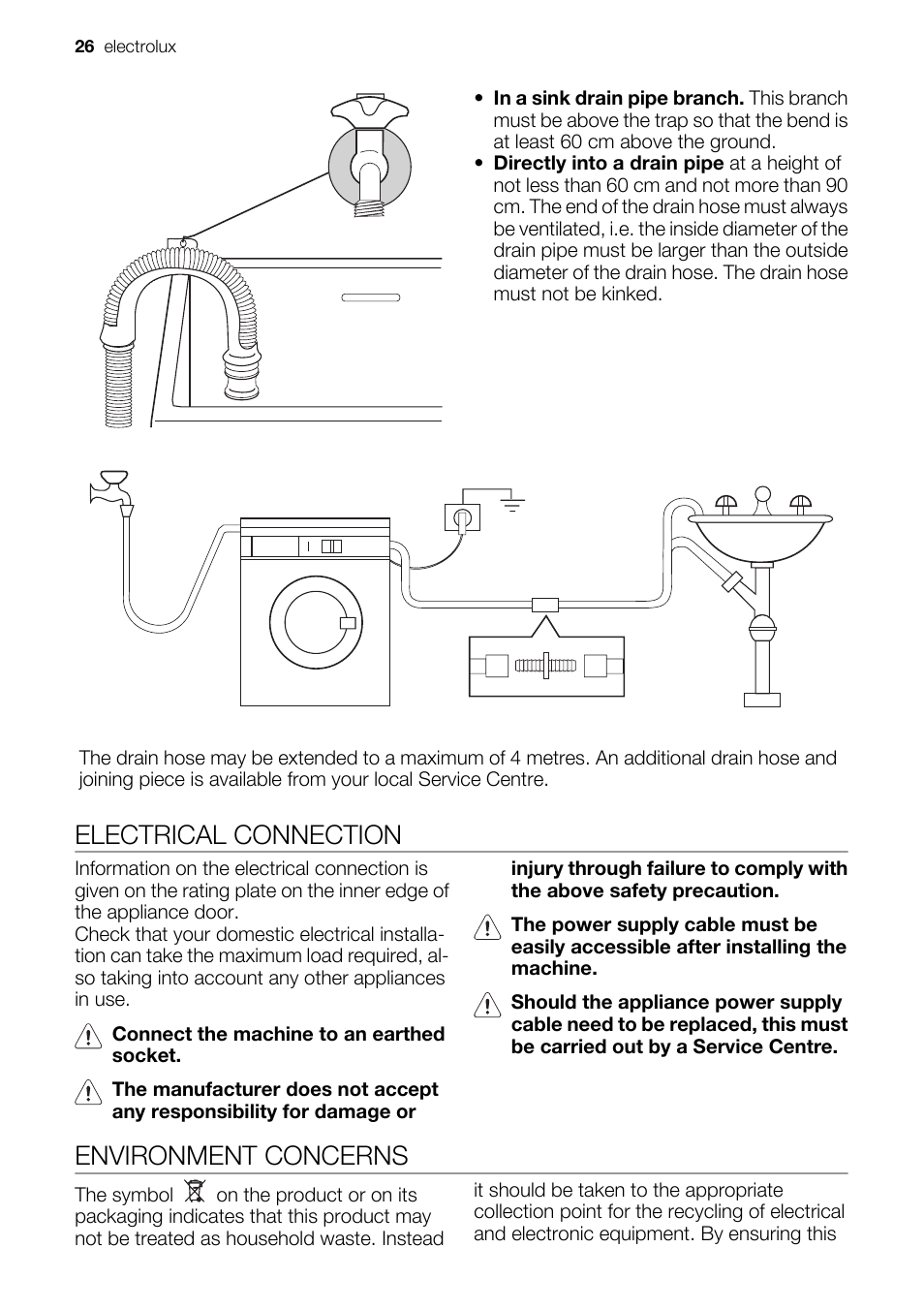Electrical connection, Environment concerns | Electrolux EWF127410X User Manual | Page 26 / 56