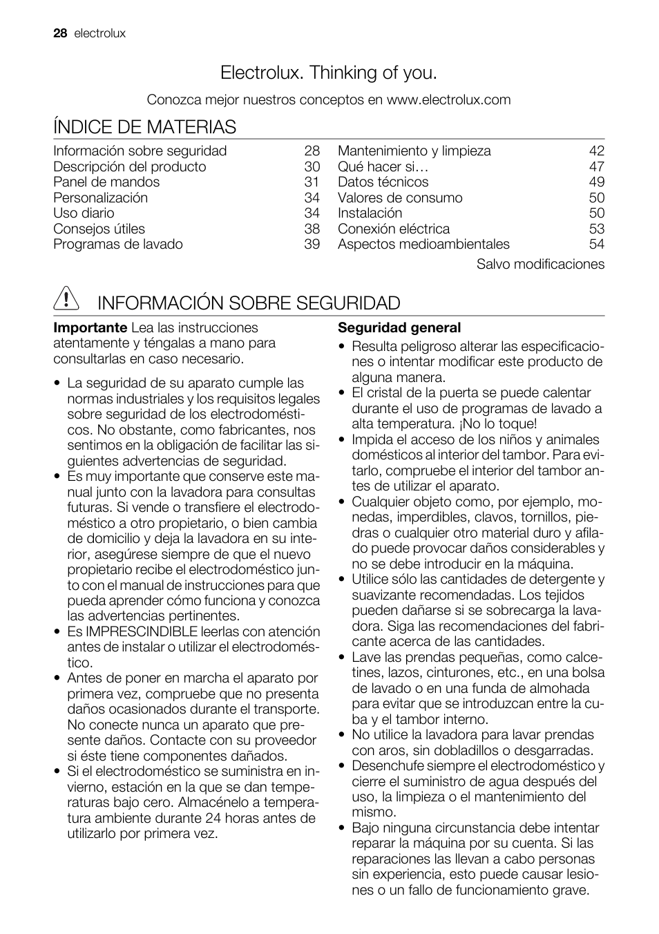 Electrolux. thinking of you, Índice de materias, Información sobre seguridad | Electrolux EWF127410X User Manual | Page 28 / 56
