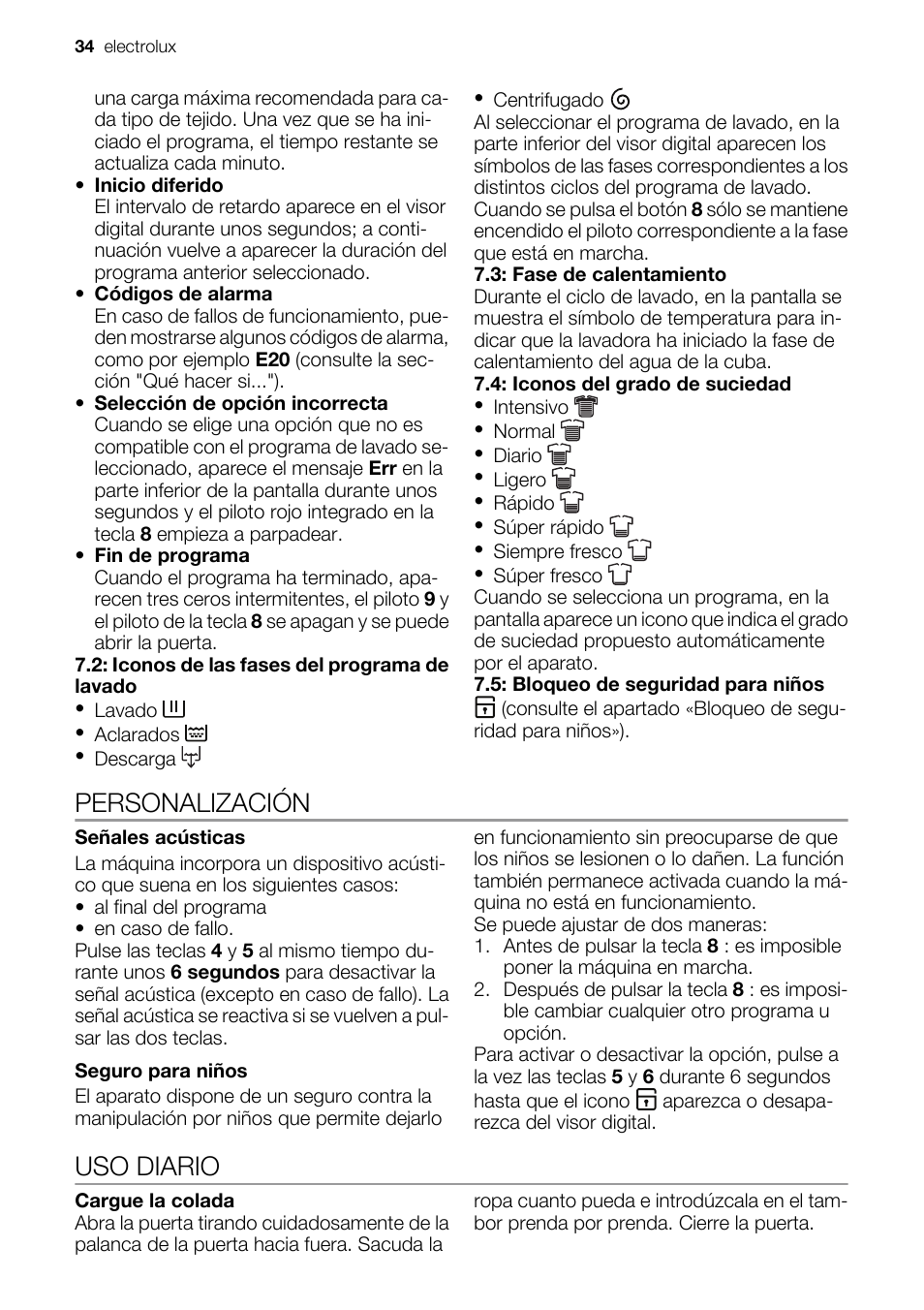 Personalización, Uso diario | Electrolux EWF127410X User Manual | Page 34 / 56