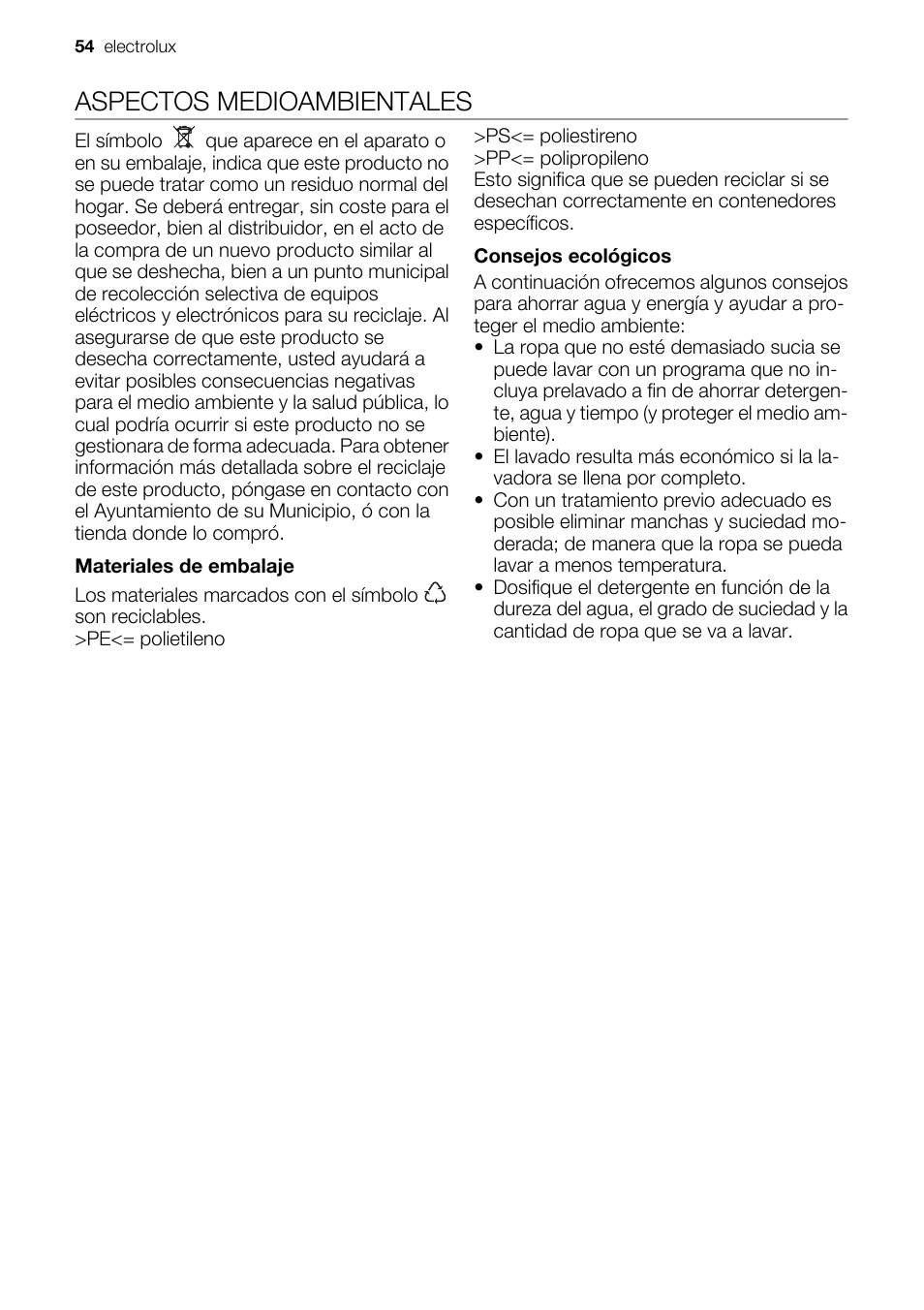 Aspectos medioambientales | Electrolux EWF127410X User Manual | Page 54 / 56