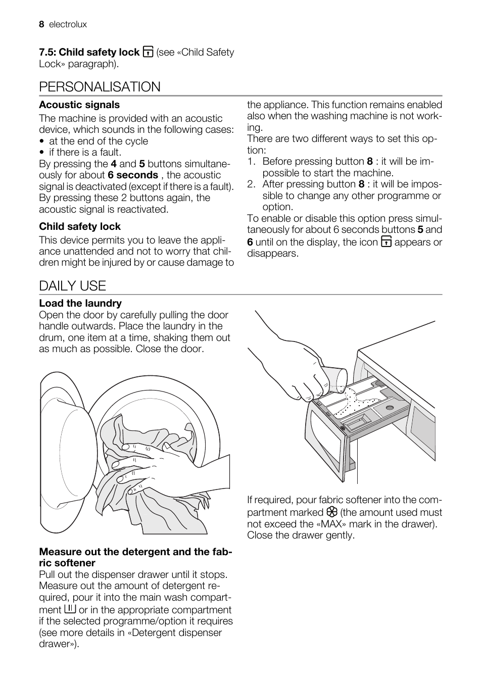 Personalisation, Daily use | Electrolux EWF127410X User Manual | Page 8 / 56