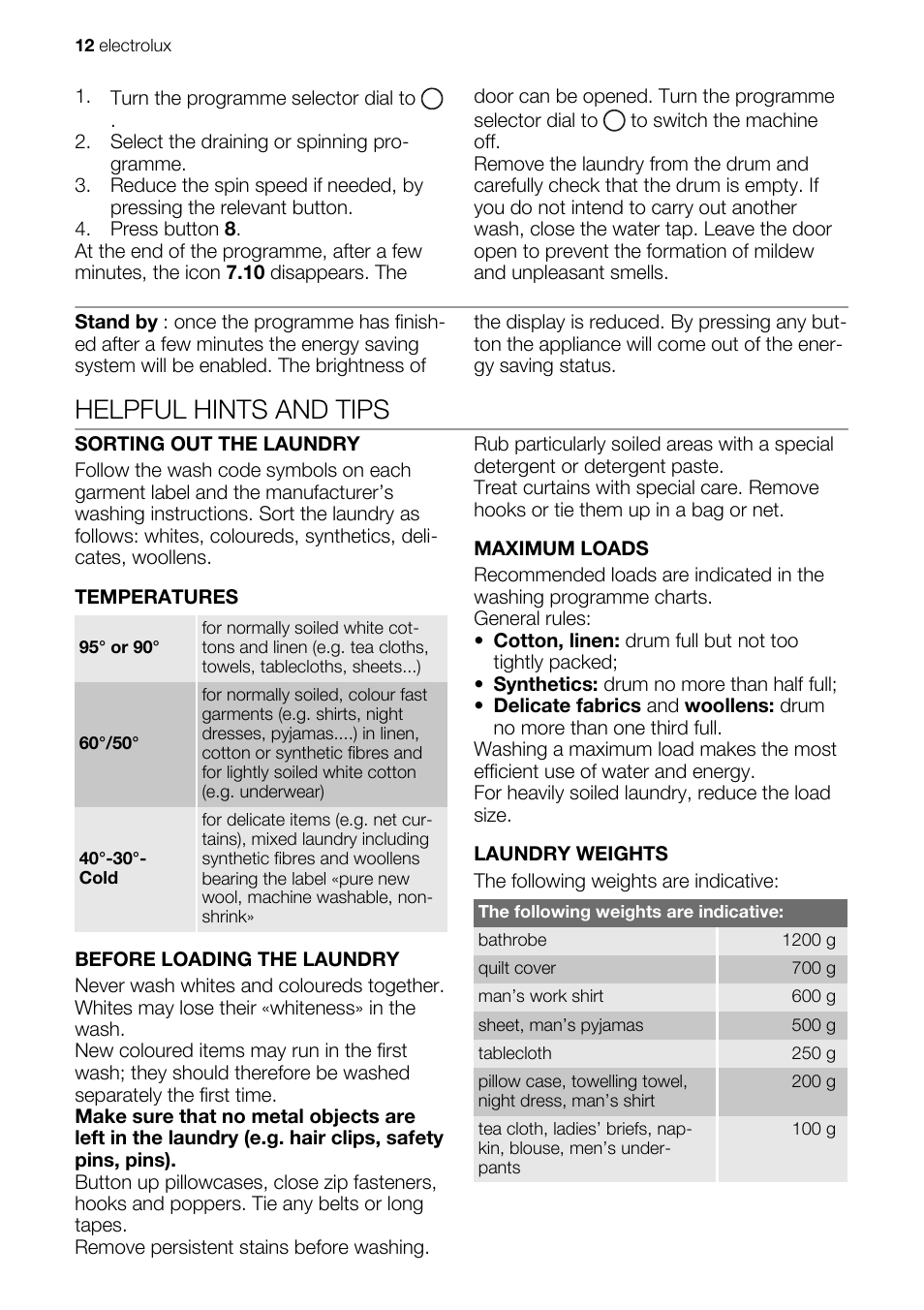 Helpful hints and tips | Electrolux EWG147540W User Manual | Page 12 / 88