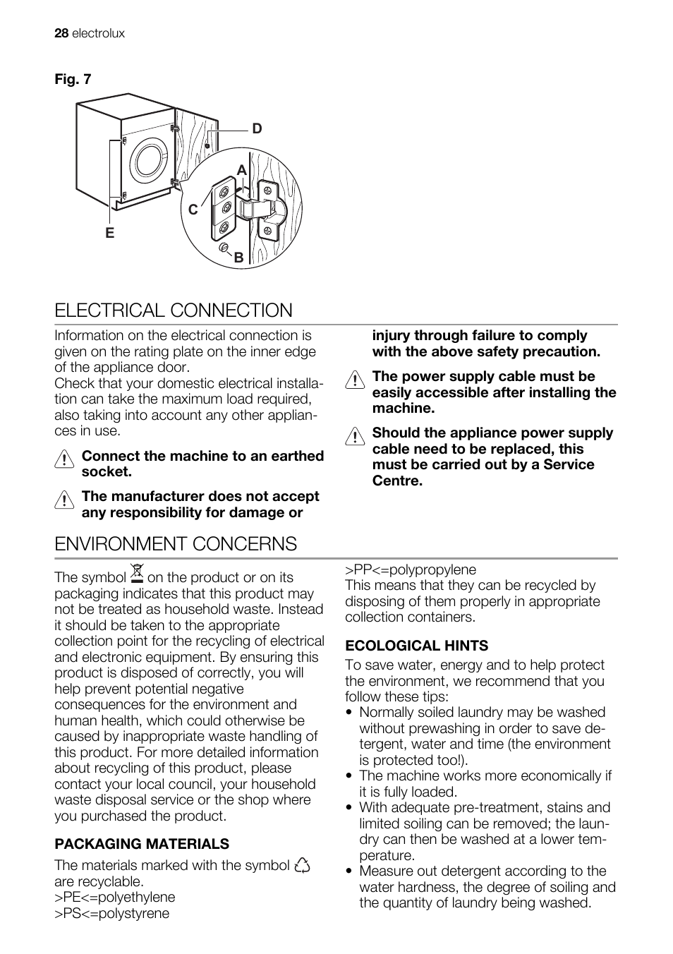 Electrical connection, Environment concerns | Electrolux EWG147540W User Manual | Page 28 / 88