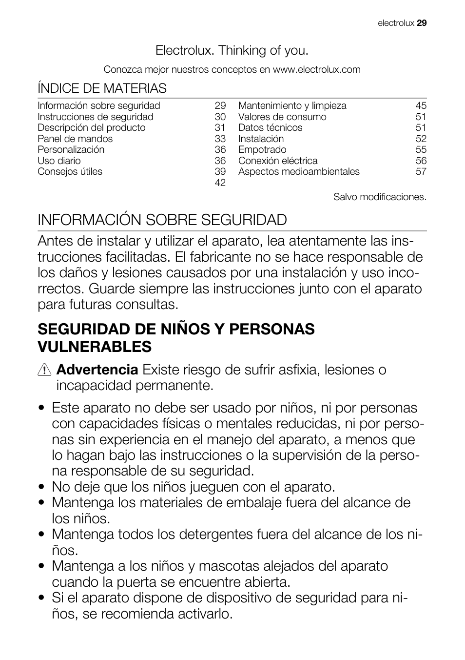 Información sobre seguridad, Seguridad de niños y personas vulnerables, Electrolux. thinking of you | Índice de materias | Electrolux EWG147540W User Manual | Page 29 / 88