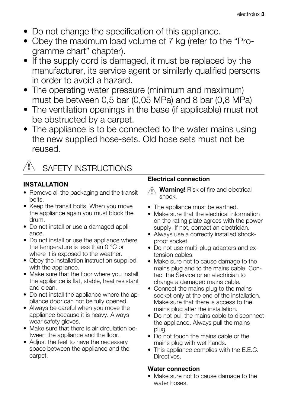 Safety instructions | Electrolux EWG147540W User Manual | Page 3 / 88