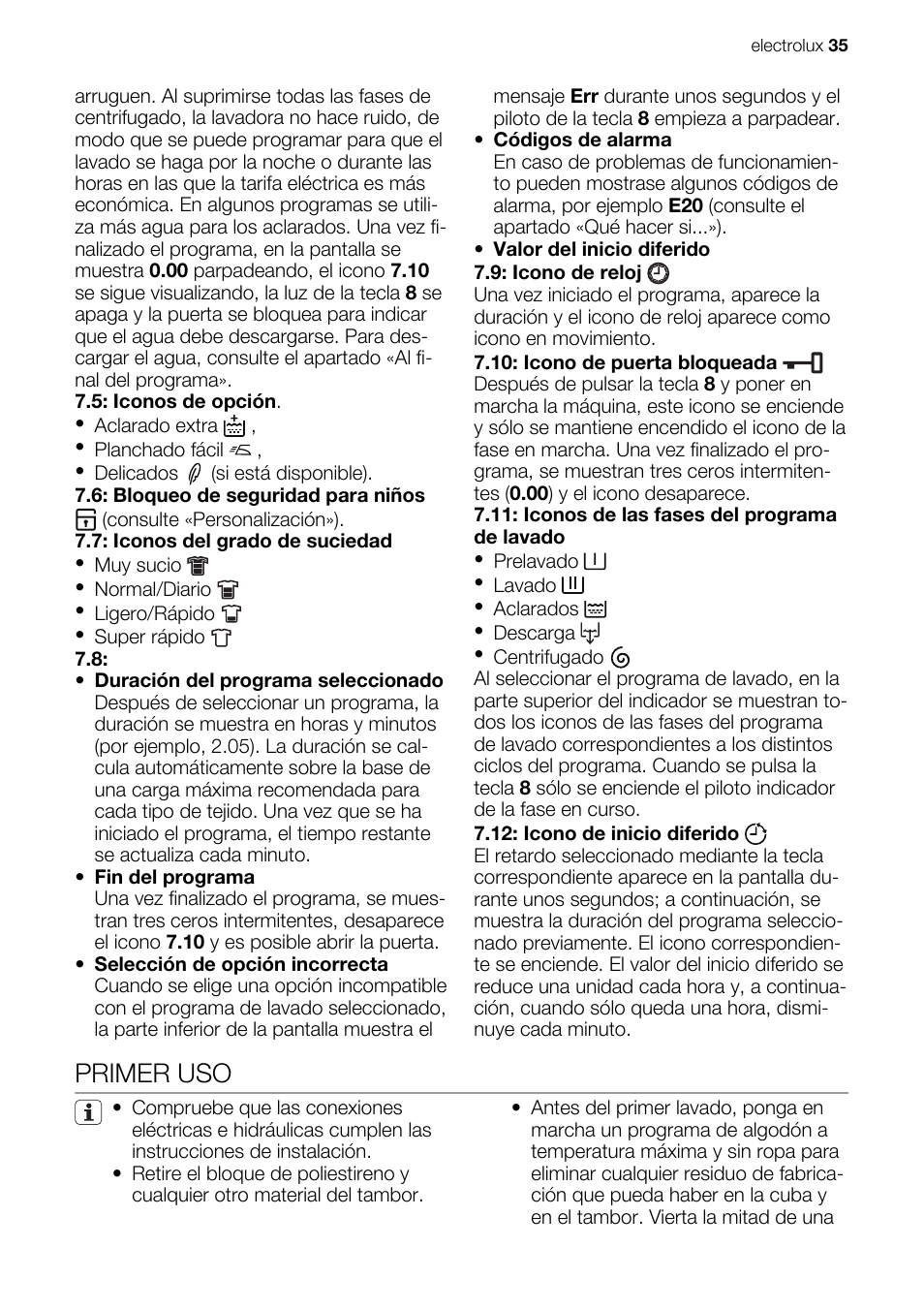 Primer uso | Electrolux EWG147540W User Manual | Page 35 / 88