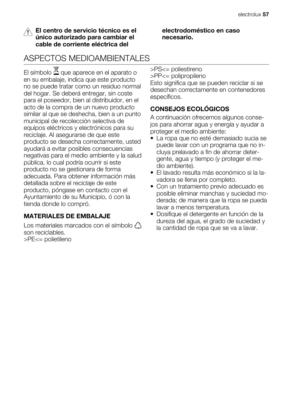 Aspectos medioambientales | Electrolux EWG147540W User Manual | Page 57 / 88