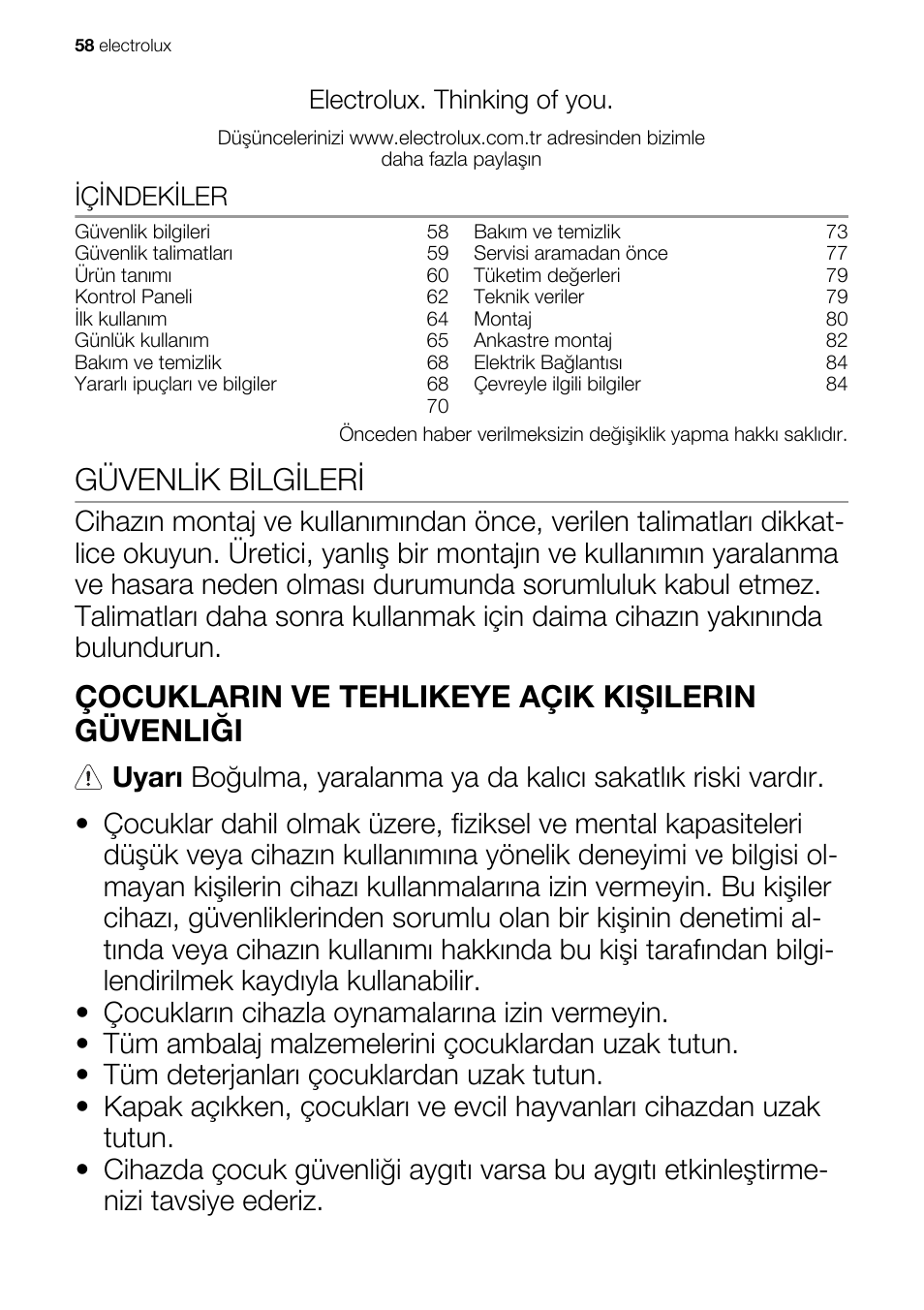 Güvenlik bilgileri, Çocuklarin ve tehlikeye açik kişilerin güvenliği, Electrolux. thinking of you | Içindekiler | Electrolux EWG147540W User Manual | Page 58 / 88