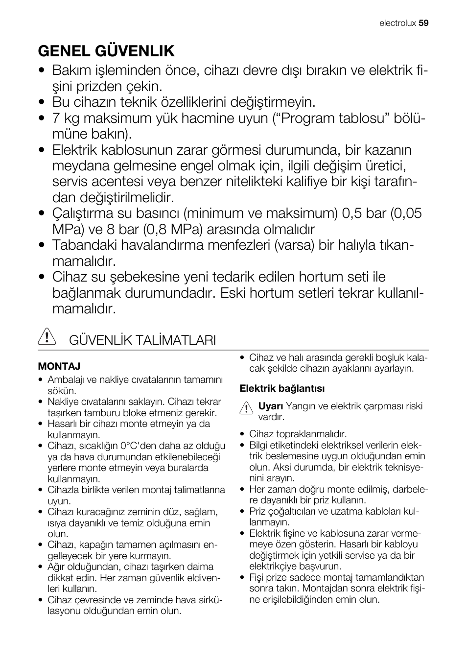 Genel güvenlik, Güvenlik talimatlari | Electrolux EWG147540W User Manual | Page 59 / 88