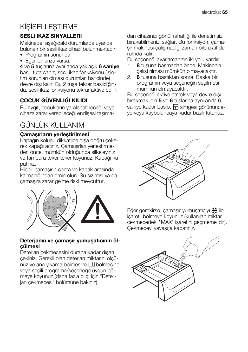 Kişiselleştirme, Günlük kullanim | Electrolux EWG147540W User Manual | Page 65 / 88