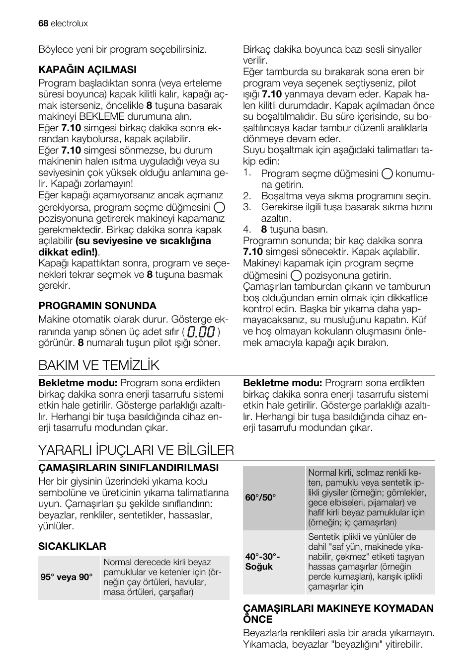 Bakim ve temizlik, Yararli ipuçlari ve bilgiler | Electrolux EWG147540W User Manual | Page 68 / 88