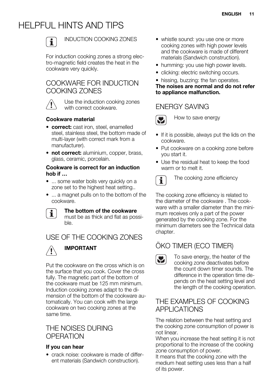 Helpful hints and tips, Cookware for induction cooking zones, Use of the cooking zones | The noises during operation, Energy saving, Öko timer (eco timer), The examples of cooking applications | Electrolux EHL7640FOK User Manual | Page 11 / 40