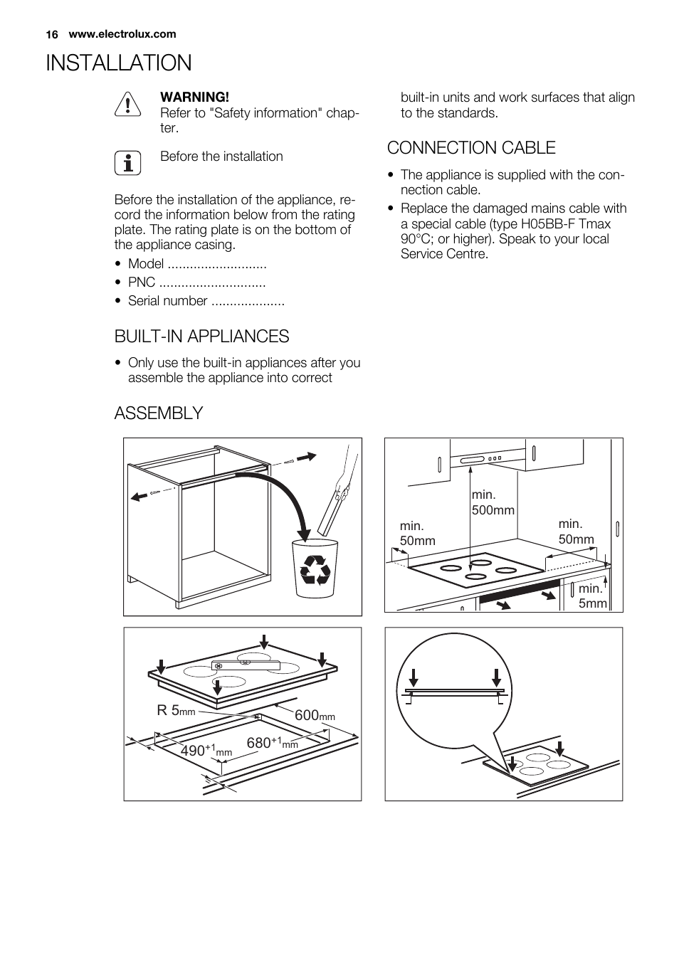 Installation, Built-in appliances, Connection cable | Assembly | Electrolux EHL7640FOK User Manual | Page 16 / 40