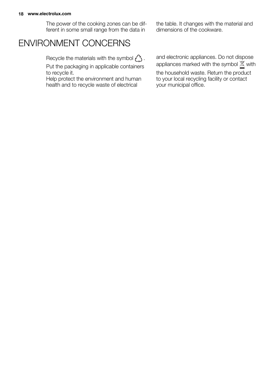 Environment concerns | Electrolux EHL7640FOK User Manual | Page 18 / 40