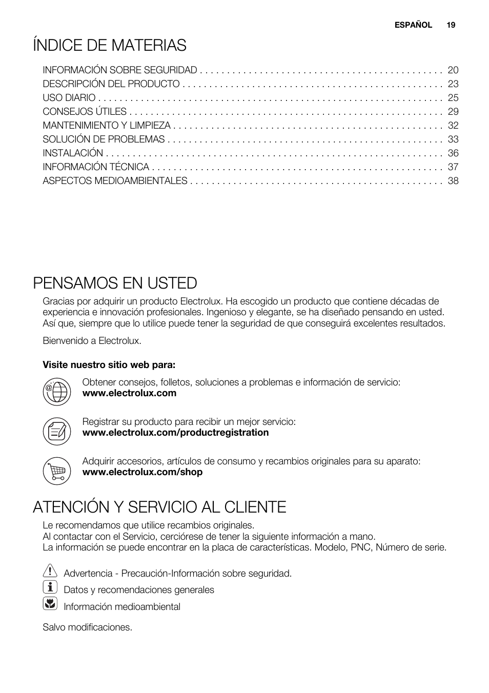 Índice de materias, Pensamos en usted, Atención y servicio al cliente | Electrolux EHL7640FOK User Manual | Page 19 / 40