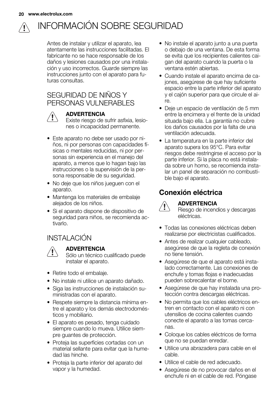 Información sobre seguridad, Seguridad de niños y personas vulnerables, Instalación | Conexión eléctrica | Electrolux EHL7640FOK User Manual | Page 20 / 40